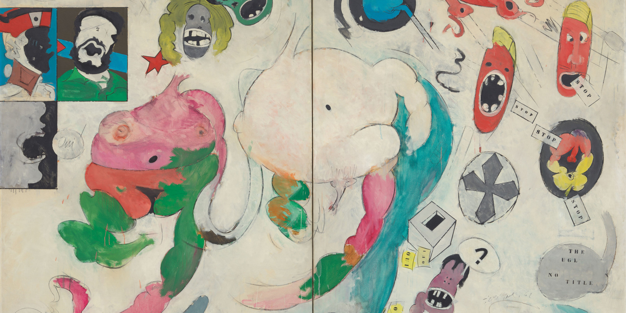Hervé Télémaque. No Title (The Ugly American). 1962/64. Oil on canvas, in two panels, 77 1/2 × 102 3/8&#34; (197 × 260 cm). Gift of Marie-Josée and Henry R. Kravis in honor of a lovely American, Jerry Speyer. © Hervé Télémaque. Courtesy of the artist