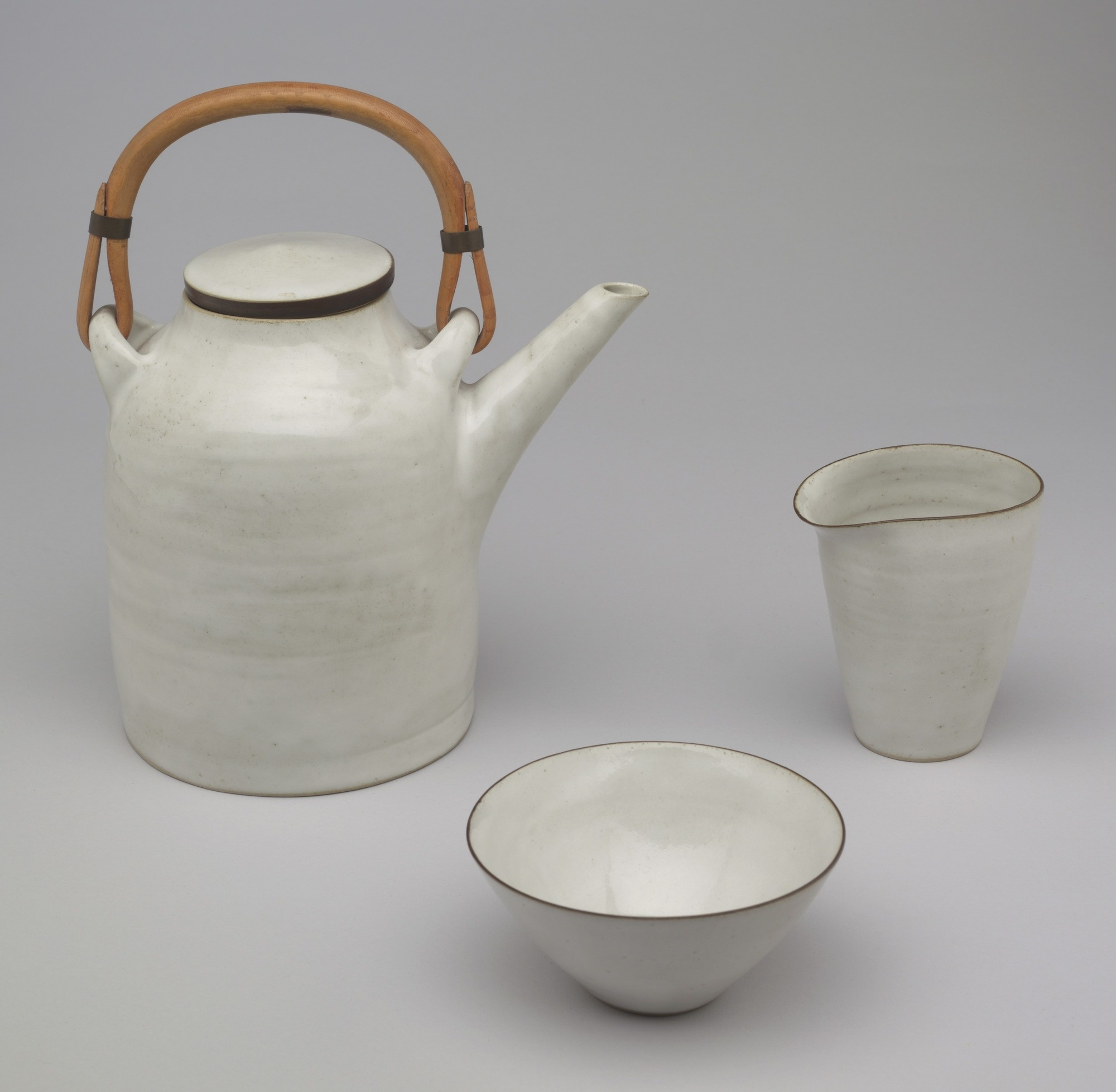 Lucie Rie. Teapot, Cream Pitcher, and Sugar Bowl. c. 1950