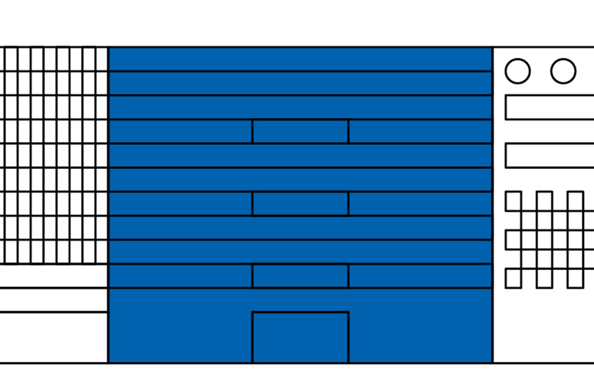 In blue: Museum Tower, by architects Cesar Pelli and Associates (1984), which Heasty describes as “a row of stripes interrupted occasionally by alcoves”