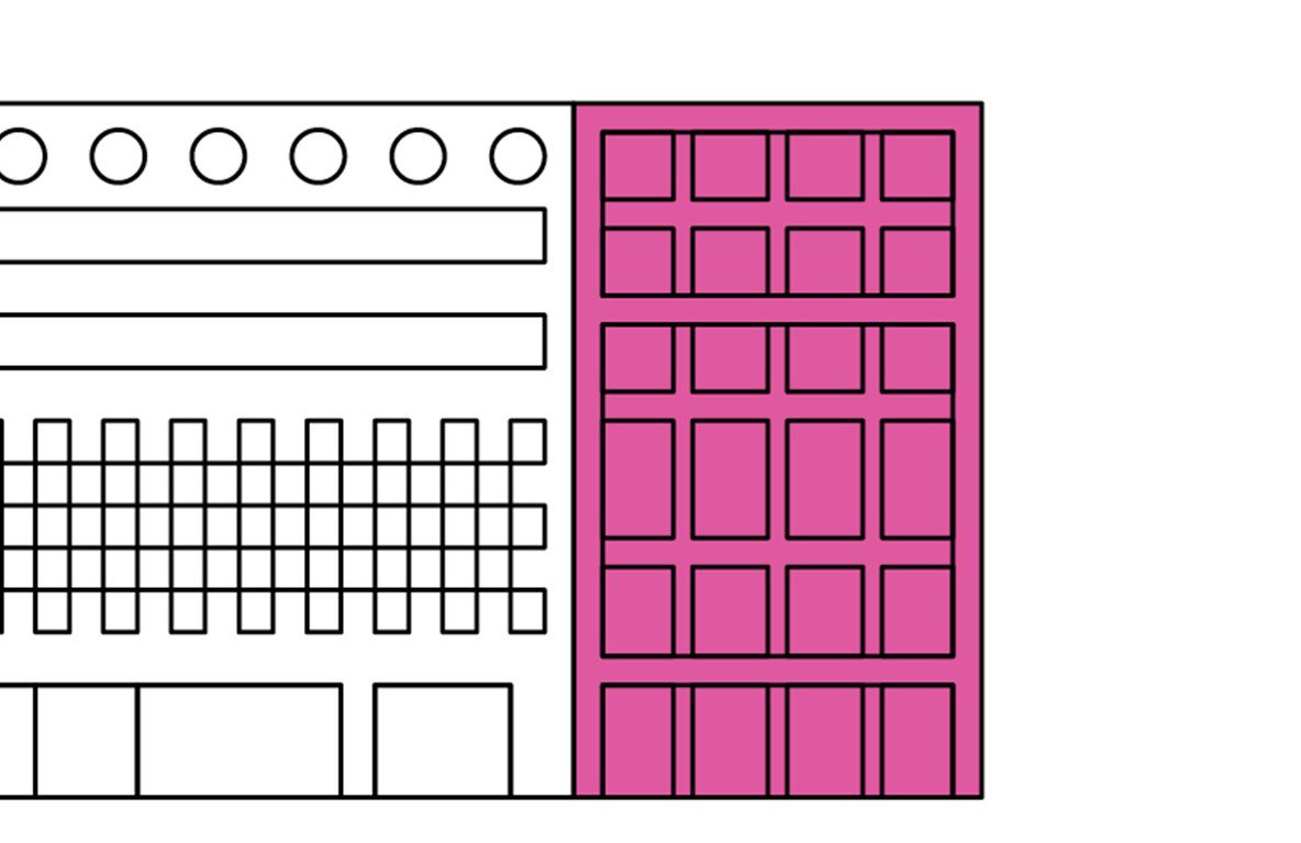 At far right, in pink: The Kenneth C. Griffin Building, by architect Philip Johnson (1964), which is “a distinctive grid of steel-framed rectangular windows”