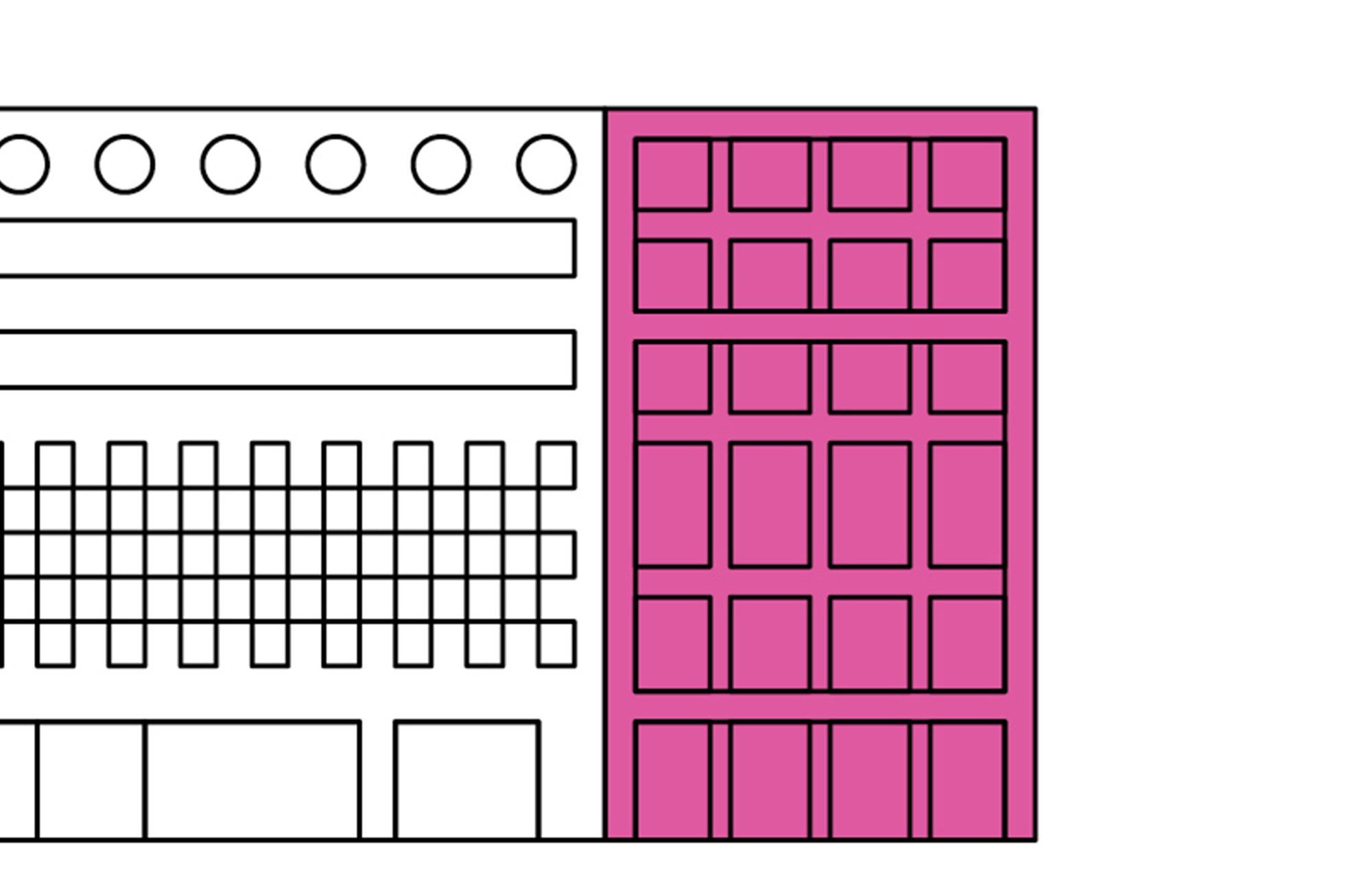 At far right, in pink: The Kenneth C. Griffin Building, by architect Philip Johnson (1964), which is “a distinctive grid of steel-framed rectangular windows”