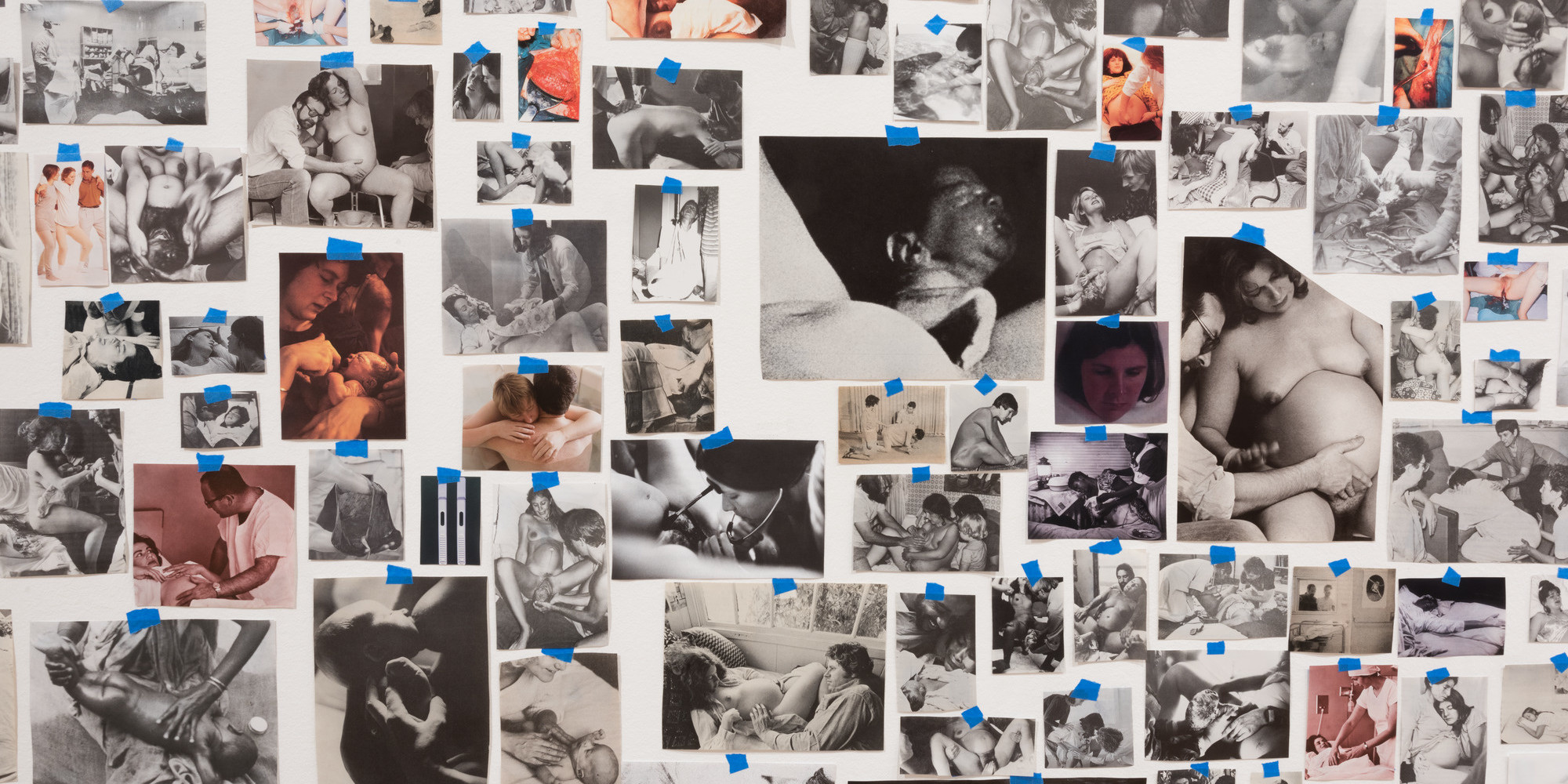 Carmen Winant. My Birth. 2018. Approx. 2,000 found papers and photographic prints with tape, dimensions variable. The Modern Women’s Fund. © 2019 Carmen Winant. Photo: Martin Seck