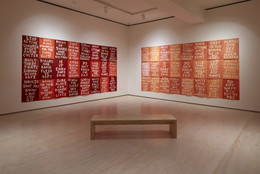 Installation view of Hock E Aye Vi Edgar Heap of Birds: Surviving Active Shooter Custer, on view at MoMA PS1, New York from June 7–September 8, 2019. Image courtesy MoMA PS1. Photo: Matthew Septimus