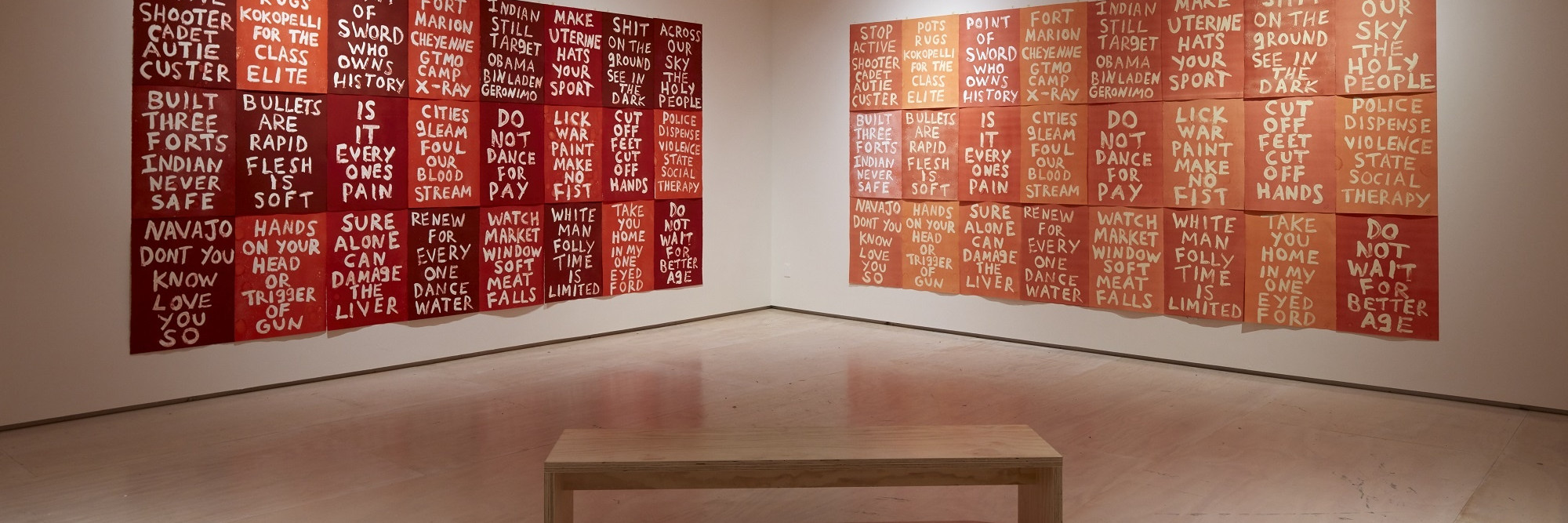Installation view of Hock E Aye Vi Edgar Heap of Birds: Surviving Active Shooter Custer, on view at MoMA PS1, New York from June 7–September 8, 2019. Image courtesy MoMA PS1. Photo: Matthew Septimus