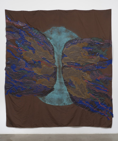 Rodney McMillian. Blue sun, 2014 2015. Latex and ink on bed sheet. 95 × 86&#34; (241.3 × 218.4 cm). Collection of Danielle and David Ganek