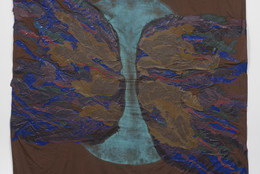 Rodney McMillian. Blue sun, 2014 2015. Latex and ink on bed sheet. 95 × 86&#34; (241.3 × 218.4 cm). Collection of Danielle and David Ganek