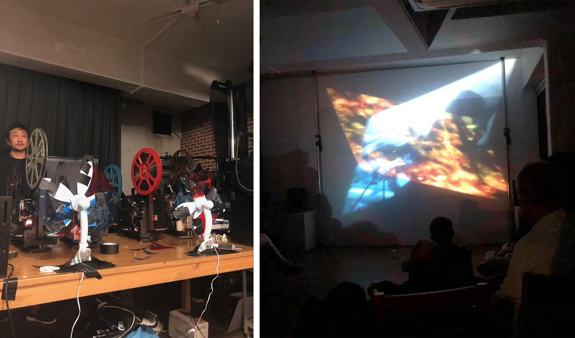 Before and during Simon Liu’s multi-projection film E-Ticket (2019)