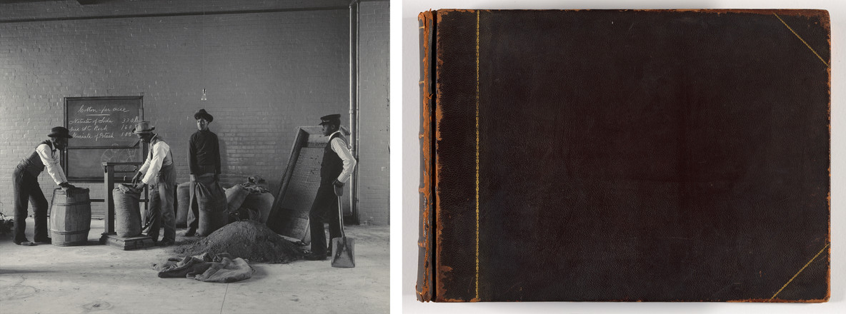 From left: Frances Benjamin Johnston’s Agriculture. Mixing Fertilizer; cover of The Hampton Album, 1899–1900