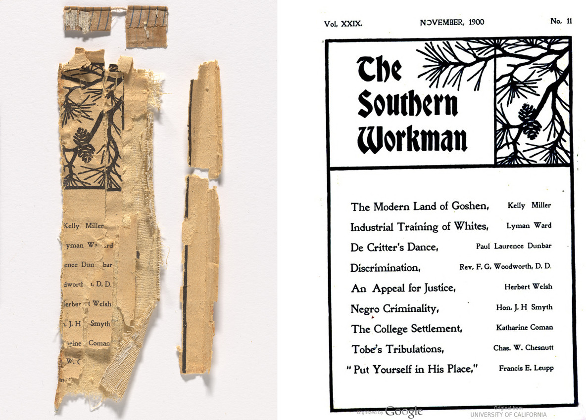 From left: Fragments of The Southern Workman, found in the spine of The Hampton Album, and a facsimile of the same issue (November 1900)