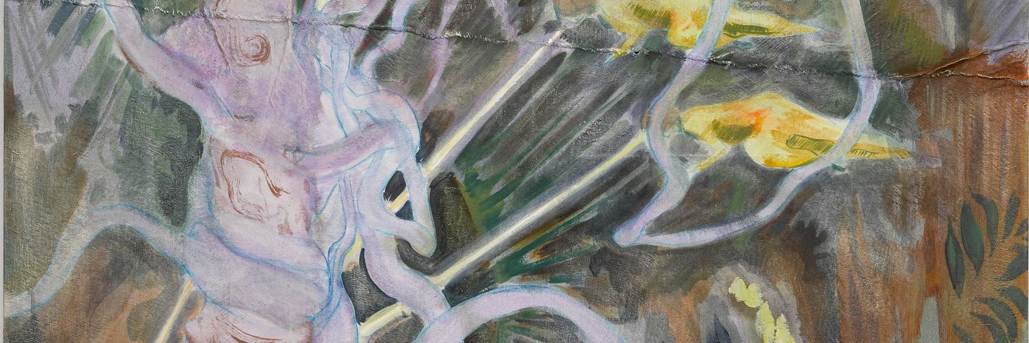 Michael Armitage. Seraph. 2017. Oil on lubugo bark cloth, 78 3/4 × 59 1/16&#34; (200 x 150 cm). Private collection