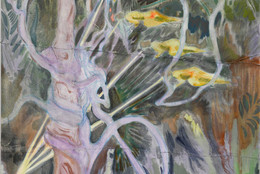 Michael Armitage. Seraph. 2017. Oil on lubugo bark cloth, 78 3/4 × 59 1/16&#34; (200 x 150 cm). Private collection