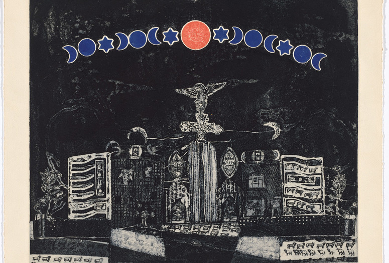 Betye Saar. Lo, The Mystique City. 1965. Etching with embossing, image: 18 1/2 × 19 13/16″ (47 × 50.4 cm); sheet: 19 13/16 × 22 15/16″ (50.3 × 58.3 cm). The Museum of Modern Art, New York. The Candace King Weir Endowment for Women Artists. © 2019 Betye Saar, courtesy the artist and Roberts Projects, Los Angeles. Digital Image © 2019 The Museum of Modern Art, New York. Photo: Rob Gerhardt
