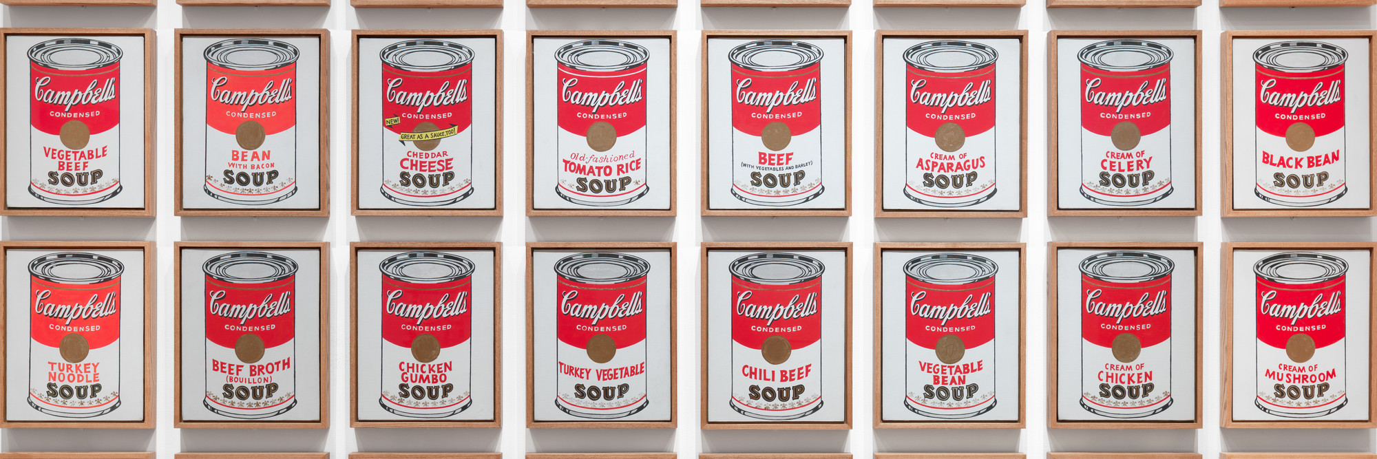 Andy Warhol. Campbell’s Soup Cans. 1962. Acrylic with metallic enamel paint on canvas, 32 panels, each canvas 20 × 16&#34; (50.8 × 40.6 cm); overall installation with 3&#34; between each panel is 97&#34; high × 163&#34; wide. Partial gift of Irving Blum Additional funding provided by Nelson A. Rockefeller Bequest, gift of Mr. and Mrs. William A. M. Burden, Abby Aldrich Rockefeller Fund, gift of Nina and Gordon Bunshaft, acquired through the Lillie P. Bliss Bequest, Philip Johnson Fund, Frances R. Keech Bequest, gift of Mrs. Bliss Parkinson, and Florence B. Wesley Bequest (all by exchange). © 2019 Andy Warhol Foundation/ARS, NY/TM Licensed by Campbell&#39;s Soup Co. All rights reserved