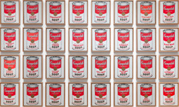 Andy Warhol. Campbell’s Soup Cans. 1962. Acrylic with metallic enamel paint on canvas, 32 panels, each canvas 20 × 16&#34; (50.8 × 40.6 cm); overall installation with 3&#34; between each panel is 97&#34; high × 163&#34; wide. Partial gift of Irving Blum Additional funding provided by Nelson A. Rockefeller Bequest, gift of Mr. and Mrs. William A. M. Burden, Abby Aldrich Rockefeller Fund, gift of Nina and Gordon Bunshaft, acquired through the Lillie P. Bliss Bequest, Philip Johnson Fund, Frances R. Keech Bequest, gift of Mrs. Bliss Parkinson, and Florence B. Wesley Bequest (all by exchange). © 2019 Andy Warhol Foundation/ARS, NY/TM Licensed by Campbell&#39;s Soup Co. All rights reserved
