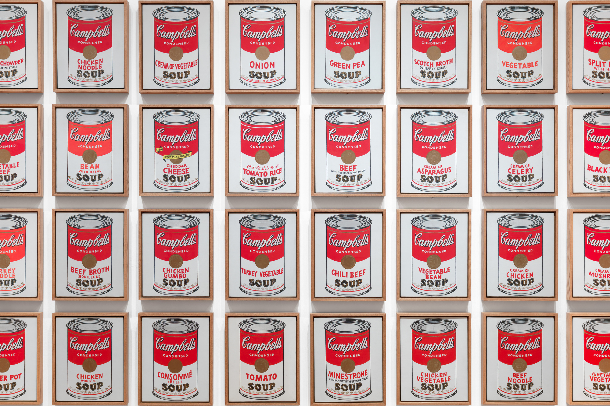 Andy Warhol. Campbell’s Soup Cans. 1962. Acrylic with metallic enamel paint on canvas, 32 panels, each canvas 20 × 16" (50.8 × 40.6 cm); overall installation with 3" between each panel is 97" high × 163" wide. Partial gift of Irving Blum Additional funding provided by Nelson A. Rockefeller Bequest, gift of Mr. and Mrs. William A. M. Burden, Abby Aldrich Rockefeller Fund, gift of Nina and Gordon Bunshaft, acquired through the Lillie P. Bliss Bequest, Philip Johnson Fund, Frances R. Keech Bequest, gift of Mrs. Bliss Parkinson, and Florence B. Wesley Bequest (all by exchange). © 2019 Andy Warhol Foundation/ARS, NY/TM Licensed by Campbell's Soup Co. All rights reserved