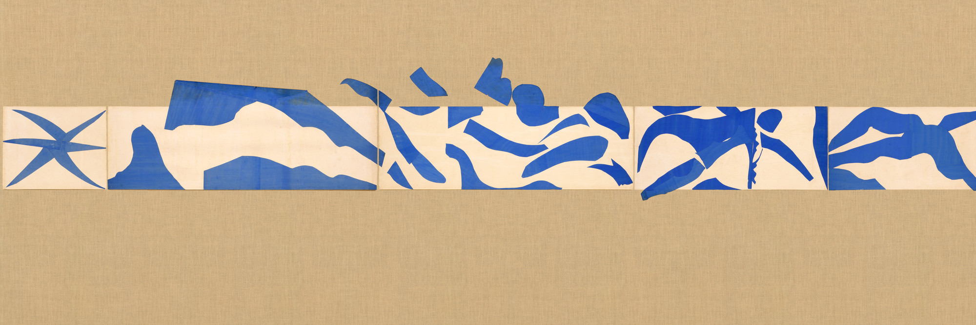 Henri Matisse. The Swimming Pool, Maquette for ceramic (realized 1999 and 2005). 1952. Gouache on paper, cut and pasted, on painted paper, overall 73&#34; × 53&#39; 11&#34; (185.4 × 1643.3 cm). Installed as nine panels in two parts on burlap-covered walls 11&#39; 4&#34; (345.4 cm) high. Frieze installed at a height of 5&#39; 5&#34; (165 cm). Mrs. Bernard F. Gimbel Fund. © 2019 Succession H. Matisse/Artists Rights Society (ARS), New York
