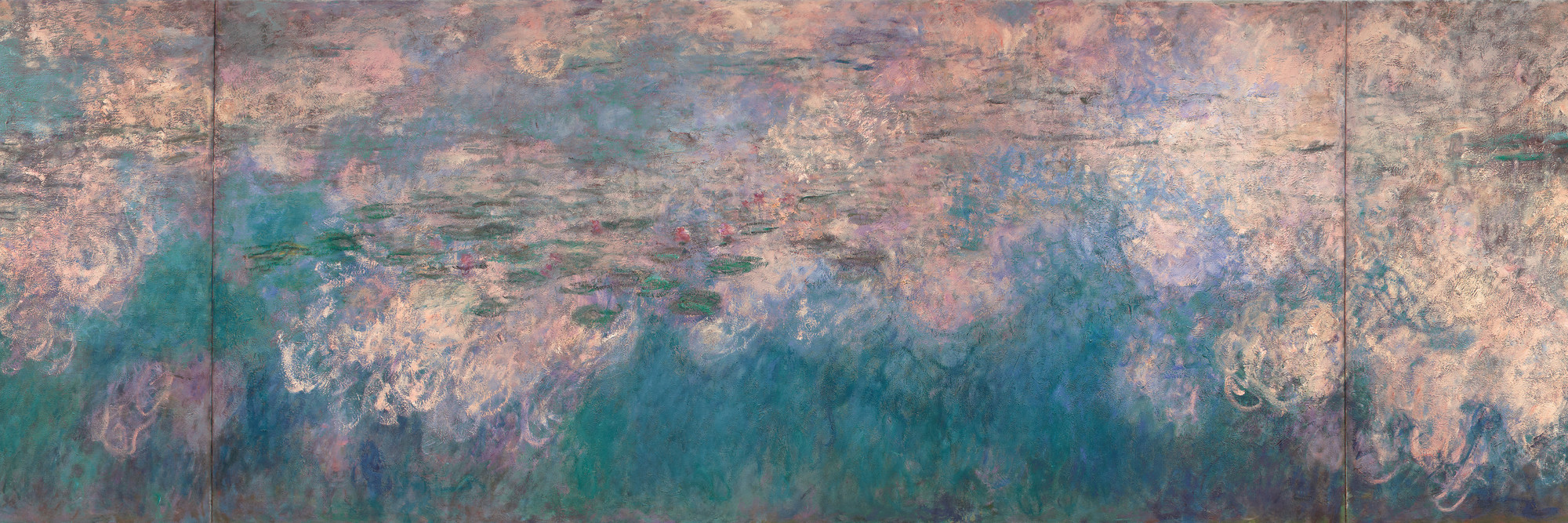 Claude Monet. Water Lilies. 1914–26. Oil on canvas, three panels, each 6&#39; 6 3/4&#34; × 13&#39; 11 1/4&#34; (200 × 424.8 cm), overall 6&#39; 6 3/4&#34; × 41&#39; 10 3/8&#34; (200 × 1276 cm). Mrs. Simon Guggenheim Fund