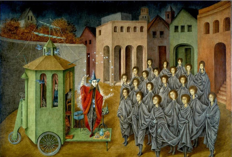 Remedios Varo. The Juggler (The Magician). 1956. Oil and inlaid mother of pearl on board, 35 13/16 × 48 1/16" (91 × 122 cm). Gift of Joan H. Tisch (by exchange)