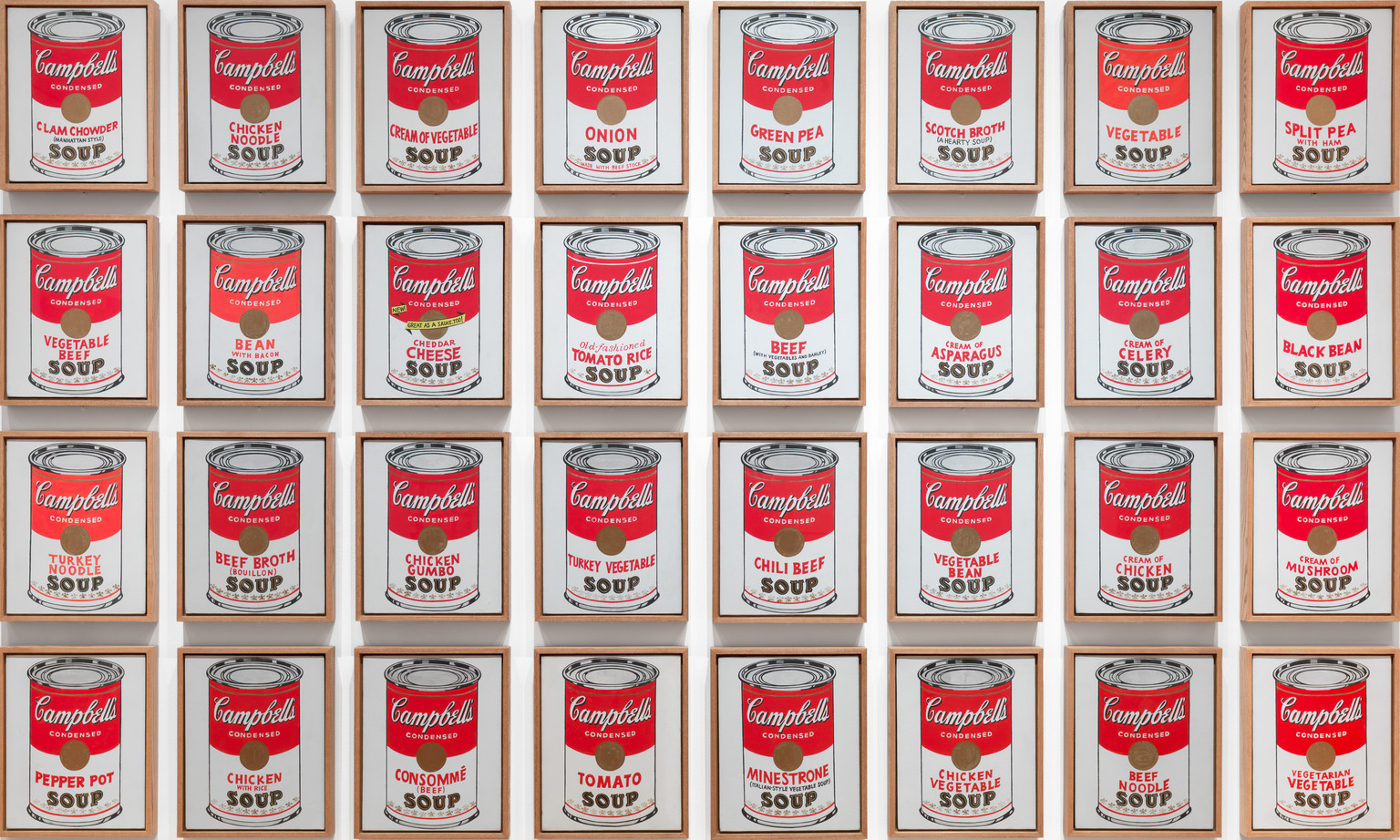 Andy Warhol. Campbell's Soup Cans. 1962. Acrylic with metallic enamel paint on canvas, 32 panels, Each canvas 20 x 16" (50.8 x 40.6 cm). Overall installation with 3" between each panel is 97" high x 163" wide. Partial gift of Irving Blum Additional funding provided by Nelson A. Rockefeller Bequest, gift of Mr. and Mrs. William A. M. Burden, Abby Aldrich Rockefeller Fund, gift of Nina and Gordon Bunshaft, acquired through the Lillie P. Bliss Bequest, Philip Johnson Fund, Frances R. Keech Bequest, gift of Mrs. Bliss Parkinson, and Florence B. Wesley Bequest (all by exchange). © 2019 Andy Warhol Foundation / ARS, NY / ™ Licensed by Campbell's Soup Co. All rights reserved.
