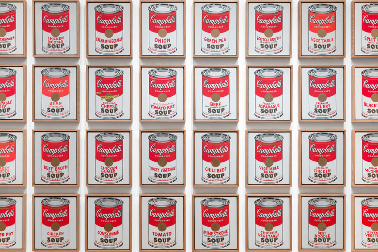 Andy Warhol. Campbell&#39;s Soup Cans. 1962. Acrylic with metallic enamel paint on canvas, 32 panels, Each canvas 20 x 16&#34; (50.8 x 40.6 cm). Overall installation with 3&#34; between each panel is 97&#34; high x 163&#34; wide. Partial gift of Irving Blum Additional funding provided by Nelson A. Rockefeller Bequest, gift of Mr. and Mrs. William A. M. Burden, Abby Aldrich Rockefeller Fund, gift of Nina and Gordon Bunshaft, acquired through the Lillie P. Bliss Bequest, Philip Johnson Fund, Frances R. Keech Bequest, gift of Mrs. Bliss Parkinson, and Florence B. Wesley Bequest (all by exchange). © 2019 Andy Warhol Foundation / ARS, NY / ™ Licensed by Campbell&#39;s Soup Co. All rights reserved.