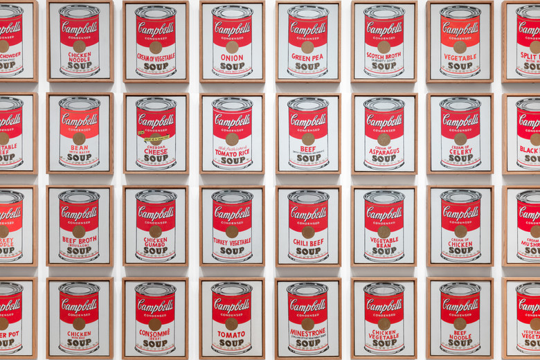 Andy Warhol. Campbell's Soup Cans. 1962. Acrylic with metallic enamel paint on canvas, 32 panels, Each canvas 20 x 16" (50.8 x 40.6 cm). Overall installation with 3" between each panel is 97" high x 163" wide. Partial gift of Irving Blum Additional funding provided by Nelson A. Rockefeller Bequest, gift of Mr. and Mrs. William A. M. Burden, Abby Aldrich Rockefeller Fund, gift of Nina and Gordon Bunshaft, acquired through the Lillie P. Bliss Bequest, Philip Johnson Fund, Frances R. Keech Bequest, gift of Mrs. Bliss Parkinson, and Florence B. Wesley Bequest (all by exchange). © 2019 Andy Warhol Foundation / ARS, NY / ™ Licensed by Campbell's Soup Co. All rights reserved.