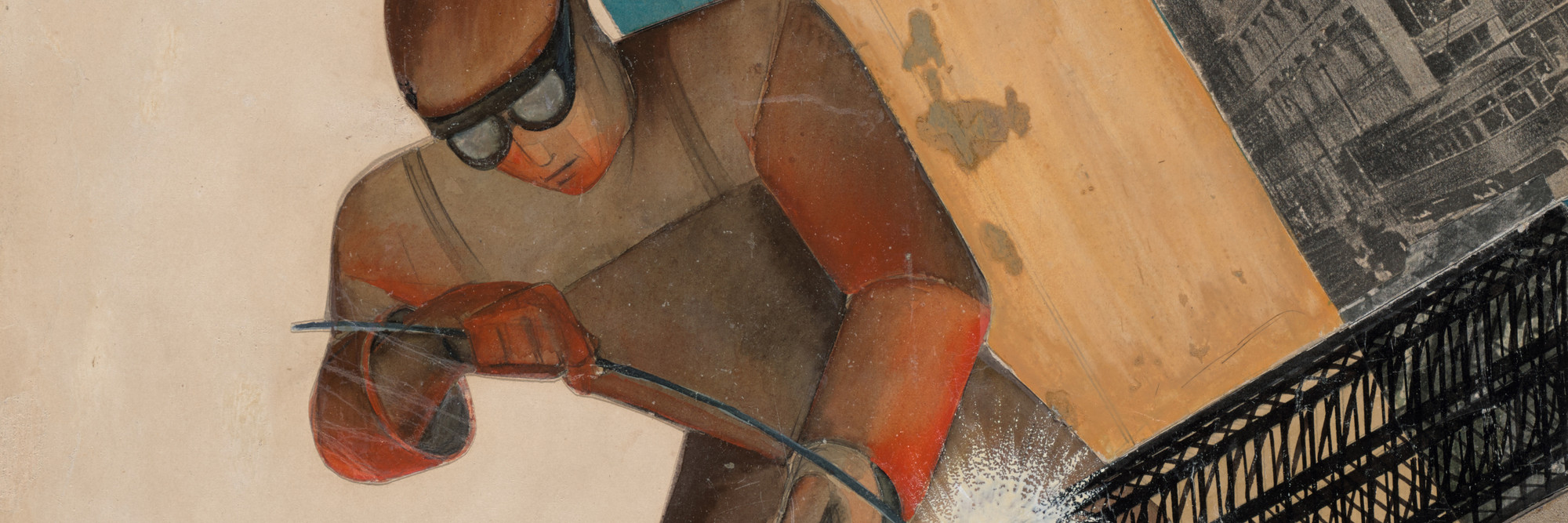 Valentina Kulagina (Russian, 1902–1907). Maquette for We Are Building (Stroim). 1929. Cut-and-pasted printed and painted paper, sandpaper, gouache, and pencil on paper, 22 5/8 × 14 1/4&#34; (57.5 × 36.2 cm). The Museum of Modern Art, New York. The Merrill C. Berman Collection. Acquired through the generosity of Alice and Tom Tisch, Jo Carole and Ronald S. Lauder, Sue and Edgar Wachenheim III, David Booth, Marlene Hess and James D. Zirin, Marie-Josée and Henry R. Kravis, Jack Shear, the Patricia Bonfield Endowed Acquisition Fund for the Design Collection, Daniel and Jane Och, The Orentreich Family Foundation, Emily Rauh Pulitzer, The Modern Women’s Fund; and by exchange: Gift of Jean Dubuffet in honor of Mr. and Mrs. Ralph Colin, The Judith Rothschild Foundation Contemporary Drawings Collection, and the Richard S. Zeisler Bequest.