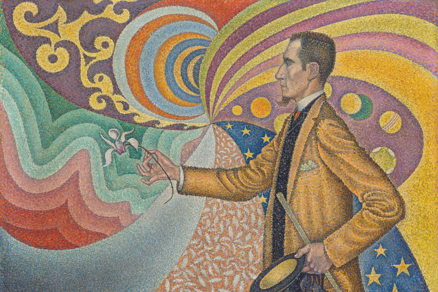 Paul Signac. Opus 217. Against the Enamel of a Background Rhythmic with Beats and Angles, Tones, and Tints, Portrait of M. Félix Fénéon in 1890. 1890. Oil on canvas. 29 x 36 1/2″ (73.5 x 92.5 cm). The Museum of Modern Art, New York. Gift of Mr. and Mrs. David Rockefeller, 1991. Photo by Jonathan Muzikar. © 2019 Artists Rights Society (ARS), New York / ADAGP, Paris
