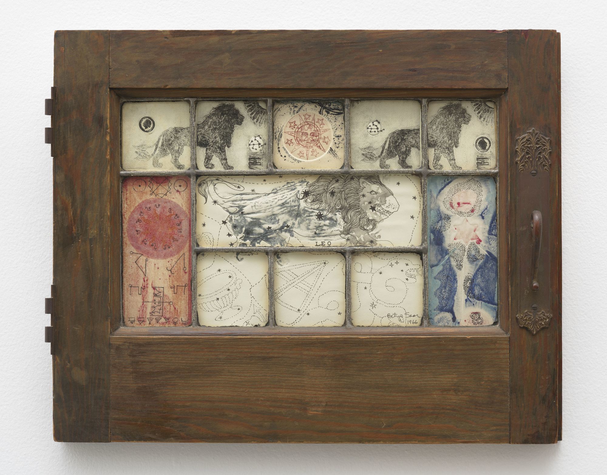 Betye Saar. _Mystic Window for Leo_. 1966. Wooden window frame with cut-and-pasted paper and printed paper with ink, colored pencil and embossing, 14 1/4 × 17 3/4" (36.2 × 45.1 cm). Collection Meghan R. Cavanaugh, Los Angeles. © 2019 Betye Saar, courtesy of the artist and Roberts Projects, Los Angeles; Photo Robert Wedemeyer