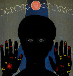Betye Saar. Black Girl's Window (detail). 1969. Wooden window frame with paint, cut-and-pasted printed and painted papers, daguerreotype, lenticular print, and plastic figurine, 35 3/4 x 18 x 1 1/2" (90.8 x 45.7 x 3.8 cm). Gift of Candace King Weir through The Modern Women's Fund, and Committee on Painting and Sculpture Funds