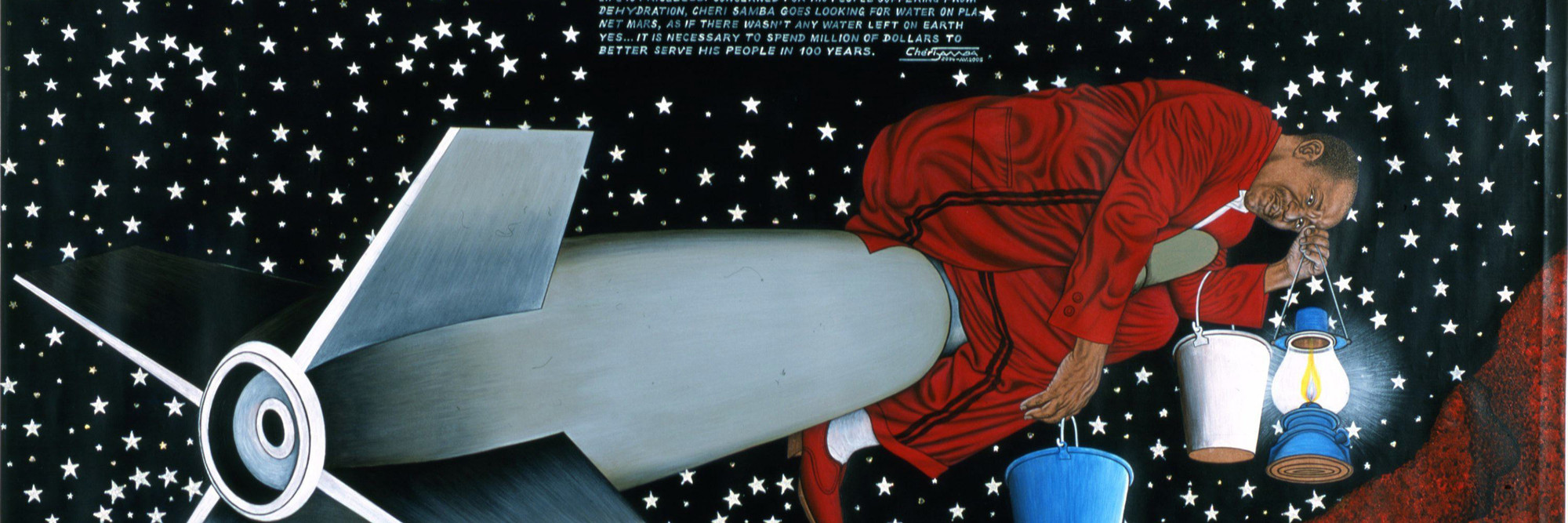 Chéri Samba. Water Problem. 2004. Acrylic on canvas, 53 1/8 × 78 3/4&#34; (135 × 200 cm). CAAC-The Pigozzi Collection. Gift of Jean Pigozzi