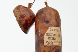 Dieter Roth. Literature Sausage (Literaturwurst). 1969, published 1961–70. Artist’s book of ground copy of Suche nach einer Neuen Welt by Robert F. Kennedy, gelatin, lard, and spices in natural casing, overall (approx.): 12 × 6 11/16 × 3 9/16&#34; (30.5 × 17 × 9 cm). Publisher: the artist. Fabricator: Dieter Roth. Edition: artist&#39;s proof outside the edition of 50. The Print Associates Fund in honor of Deborah Wye. © 2019 Estate of Dieter Roth