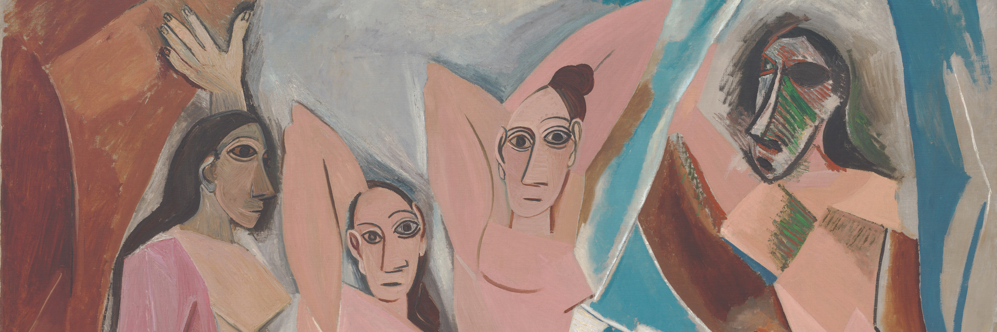 Pablo Picasso. Les Demoiselles d’Avignon. 1907. Oil on canvas, 8&#39; × 7&#39; 8&#34; (243.9 × 233.7 cm). Acquired through the Lillie P. Bliss Bequest (by exchange). © 2019 Estate of Pablo Picasso/Artists Rights Society (ARS), New York