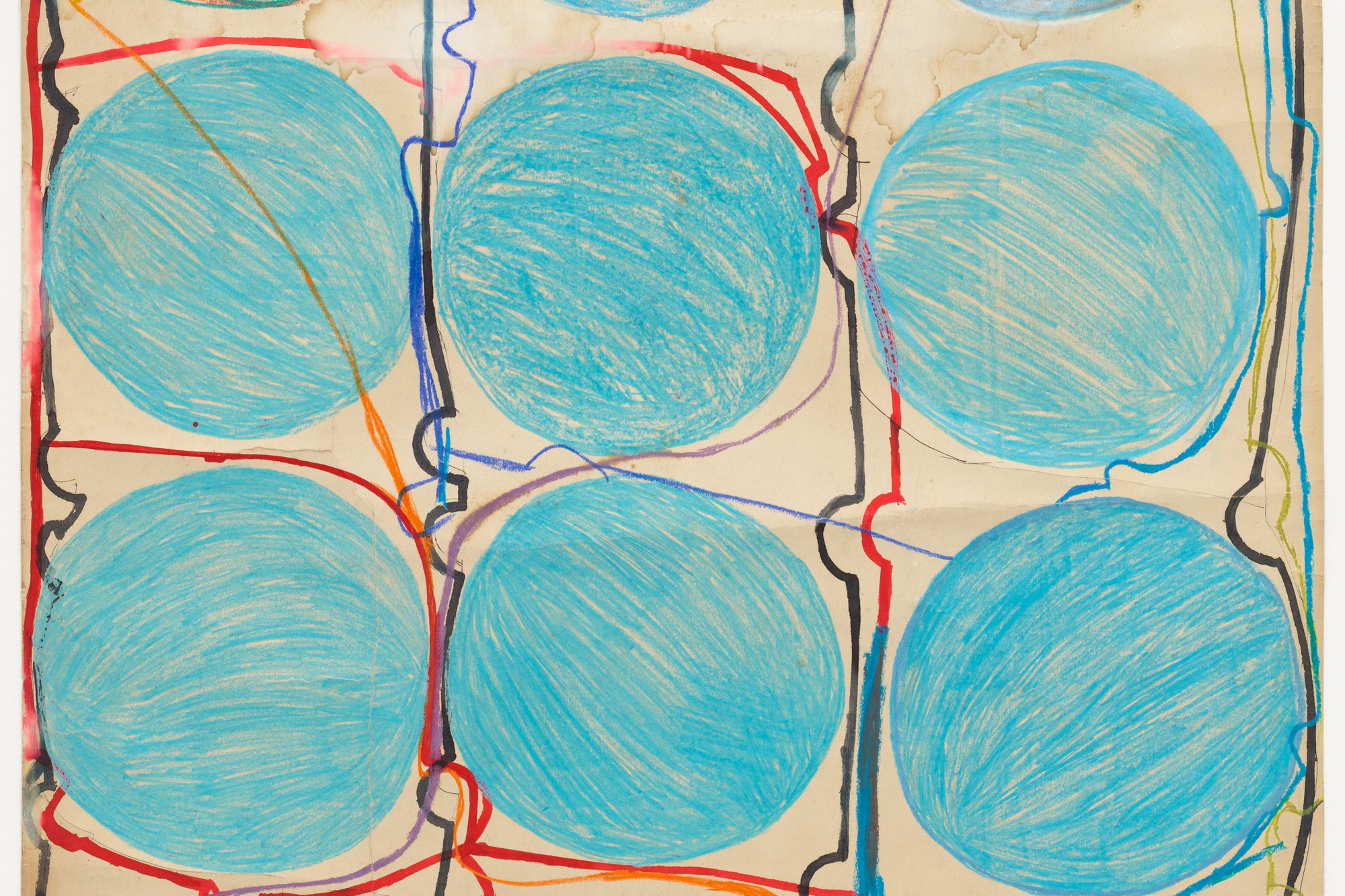 Atsuko Tanaka. Untitled. 1956. Crayon, watercolor, and felt-tip pen on paper, 42 7/8 × 30 3/8" (108.9 × 77.2 cm). Purchased with funds provided by the Edward John Noble Foundation, Frances Keech Fund, and Committee on Drawings Funds. © 2019 Ryoji Ito
