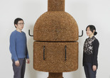 Haegue Yang. Sonic Coupe Copper – Enclosed Unity from the installation Handles. 2019. Powder-coated steel frame, mesh, and handles, ball bearing, casters, powder-coated copper plated bells, metal rings, 212 x 110 x 110 cm. © Haegue Yang. Image courtesy Haegue Yang