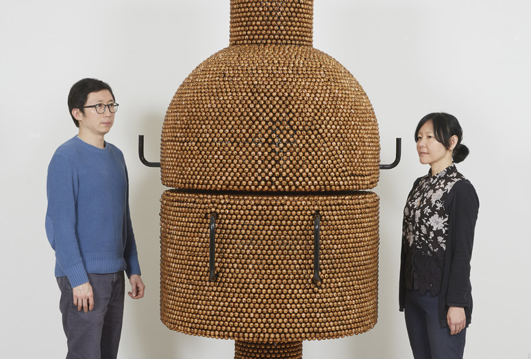 Haegue Yang. Sonic Coupe Copper – Enclosed Unity from the installation Handles. 2019. Powder-coated steel frame, mesh, and handles, ball bearing, casters, powder-coated copper plated bells, metal rings, 212 x 110 x 110 cm. © Haegue Yang. Image courtesy Haegue Yang