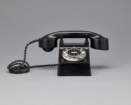 Richard Schadewell. Frankfurt (“Bauhaus”) telephone. 1929. Manufacturer: H. Fuld &amp; Co. Telefon und Telegraphenwerke AG, Frankfurt. Bakelite, nickel-plated sheet brass and paint, 5 1/8 × 4 5/16 × 6 1/8&#34; (13 × 11 × 15.5 cm). Gift of Jo Carole and Ronald S. Lauder