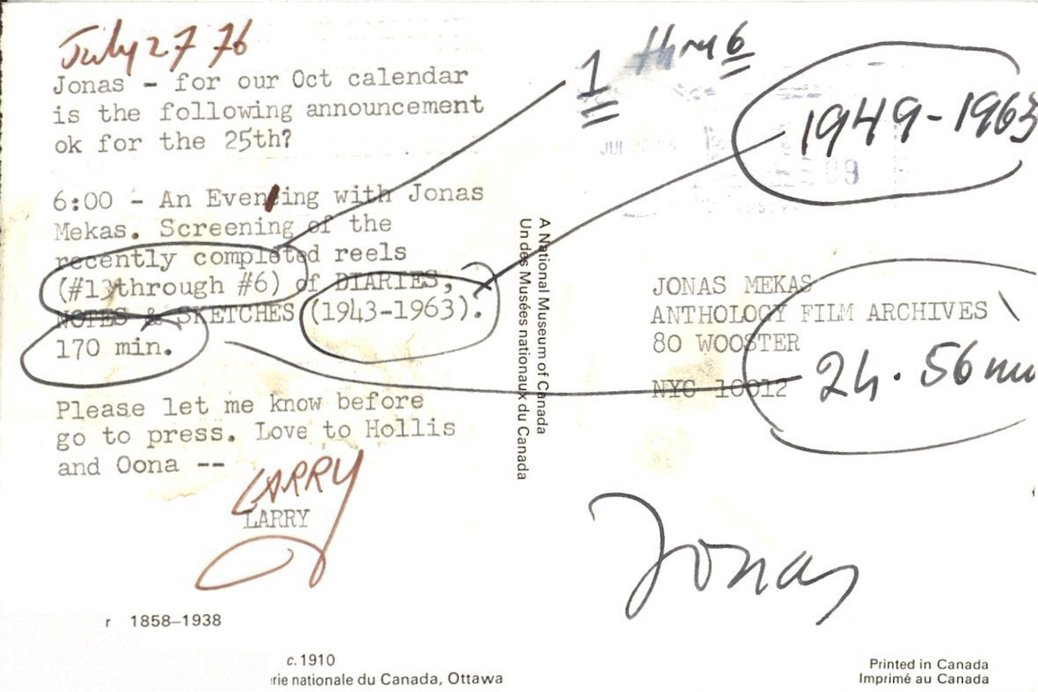 Correspondence between Jonas Mekas and Larry Kardish, 1976. The Museum of Modern Art Archives, New York: Film C165