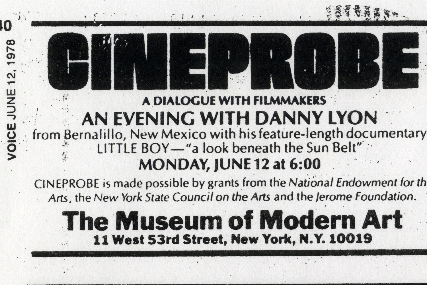 Cineprobe listing in the Village Voice. The Museum of Modern Art Archives, New York: Film C204