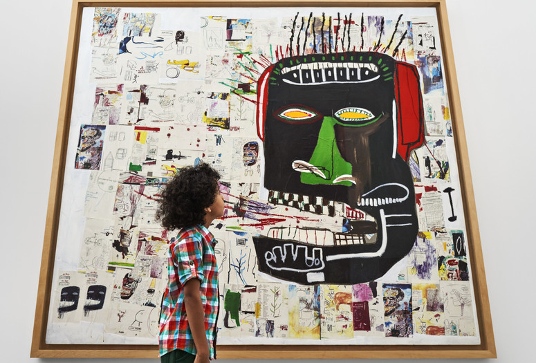 A view of the second-floor collection galleries. Jean-Michel Basquiat. Glenn. 1985. Acrylic, oilstick, and photocopy collage on canvas. Private collection. © 2019 Artists Rights Society (ARS), New York/ADAGP, Paris