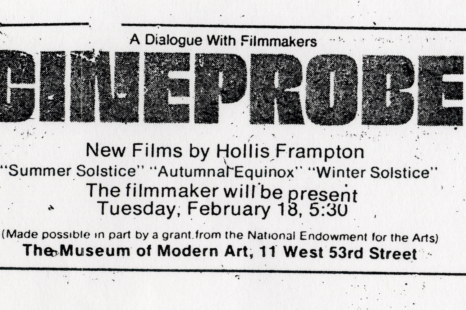 Cineprobe listing in the Village Voice. The Museum of Modern Art Archives, New York: Film C131