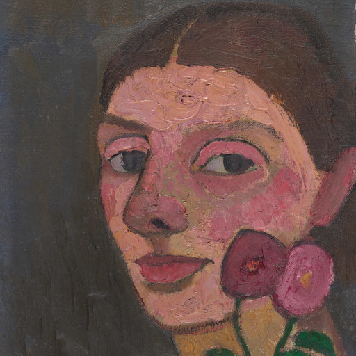 Paula Modersohn-Becker. Self-Portrait with Two Flowers in Her Raised Left Hand.1907. Oil on canvas. 21 3/4 × 9 3/4" (55.2 × 24.8 cm). Jointly owned by The Museum of Modern Art, New York, Gift of Debra and Leon Black, and The Neue Galerie New York, Gift of Jo Carole and Ronald S. Lauder.