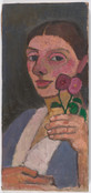Paula Modersohn-Becker. Self-Portrait with Two Flowers in Her Raised Left Hand.1907. Oil on canvas, 21 3/4 × 9 3/4&#34; (55.2 × 24.8 cm). Jointly owned by The Museum of Modern Art, New York, Gift of Debra and Leon Black, and The Neue Galerie New York, Gift of Jo Carole and Ronald S. Lauder