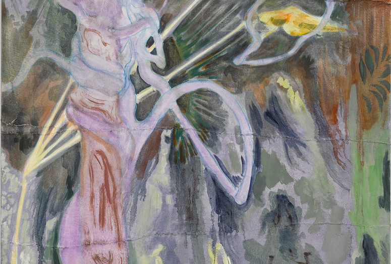 Michael Armitage. Seraph. 2017. Oil on lubugo bark cloth, 78 3/4 × 59 1/16" (200 x 150 cm). Private collection