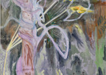 Michael Armitage. Seraph. 2017. Oil on lubugo bark cloth, 78 3/4 × 59 1/16&#34; (200 x 150 cm). Private collection