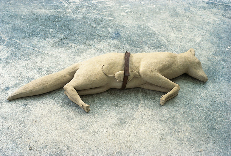 Mark Manders. Fox/Mouse/Belt. 1992. Painted bronze, belt, 6 x 15 x 44" (15.2 x 38.1 x 111.8 cm). Gift of the artist