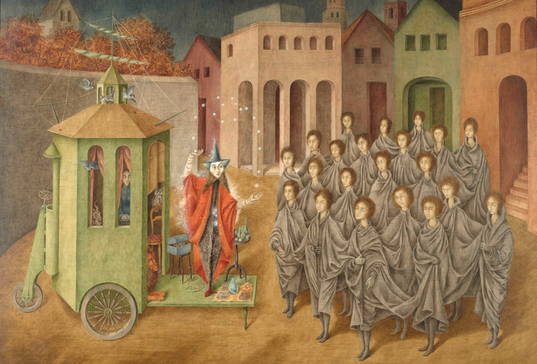 Remedios Varo. The Juggler (The Magician). 1956. Oil and inlaid mother of pearl on board. The Museum of Modern Art, New York