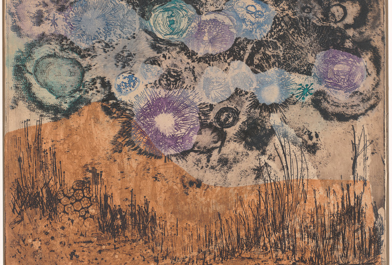 Betye Saar. <em>Amid Hallucinatory Moons</em>. 1962. Etching with relief printing, plate: 14 15/16 × 19 3/16" (37.9 × 48.8 cm); sheet: 16 5/16 × 20 7/8" (41.4 × 53.1 cm). Gift of Julie and Bennett Roberts, Roberts Projects, Los Angeles