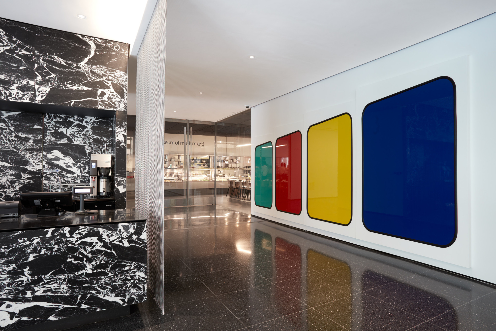Installation view of the commission Full Scale False Scale. 2009. Aluminum, automotive paint, M.D.O. board, rubber, ink on paper, wall, and fabric. Digital Image © 2019 The Museum of Modern Art, New York. Photo: Heidi Bohnenkamp