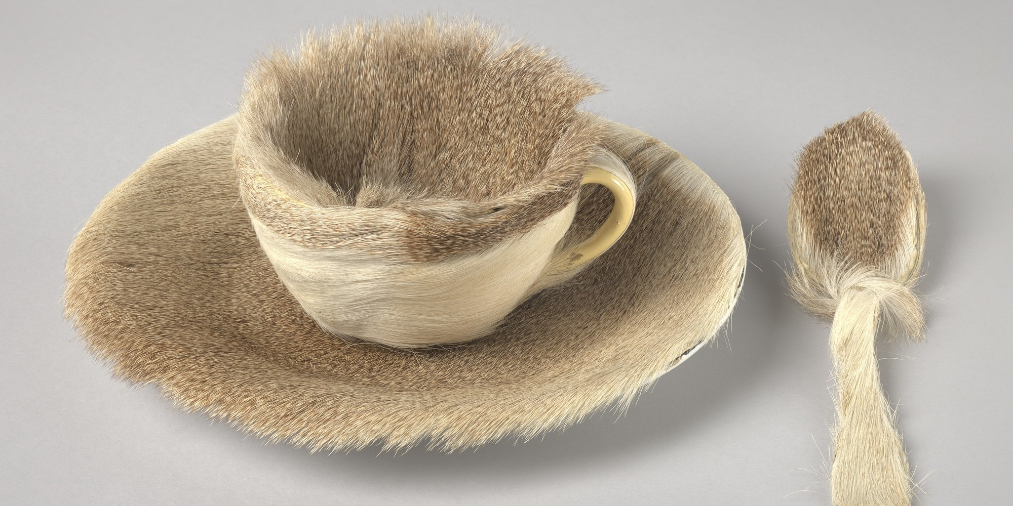 Meret Oppenheim. Object. 1936. Fur-covered cup, saucer, and spoon; cup 4 3/8" (10.9 cm) in diameter; saucer 9 3/8" (23.7 cm) in diameter; spoon 8" (20.2 cm) long, overall height 2 7/8" (7.3 cm). Purchase. © 2019 Artists Rights Society (ARS), New York/Pro Litteris, Zurich