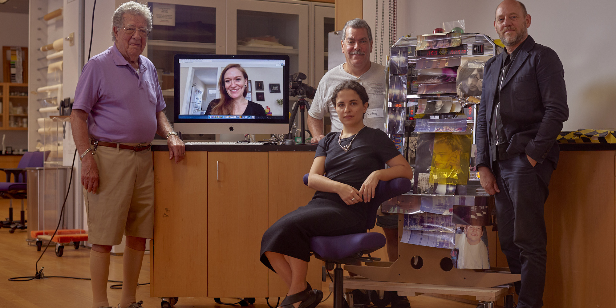 From left: James D'Elia, Krista Lough, Flaminia Fortunato, Daniel D'Elia, and Roger Griffith pictured with Isa Genzken’s Spielautomat (Slot Machine) (1999). Photo: Meron Menghistab
